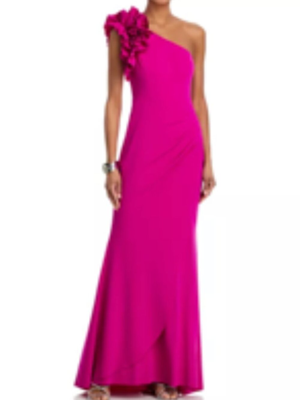 AQUA brand PINK One Shoulder Ruffle Crepe Gown - Exclusive